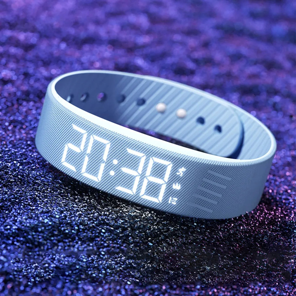 LED Digital Alarm Clock Watch Adjustable Silicone Snooze-Proof Alarm Bracelet with Running Pedometer Waterproof Vibrating Alarm